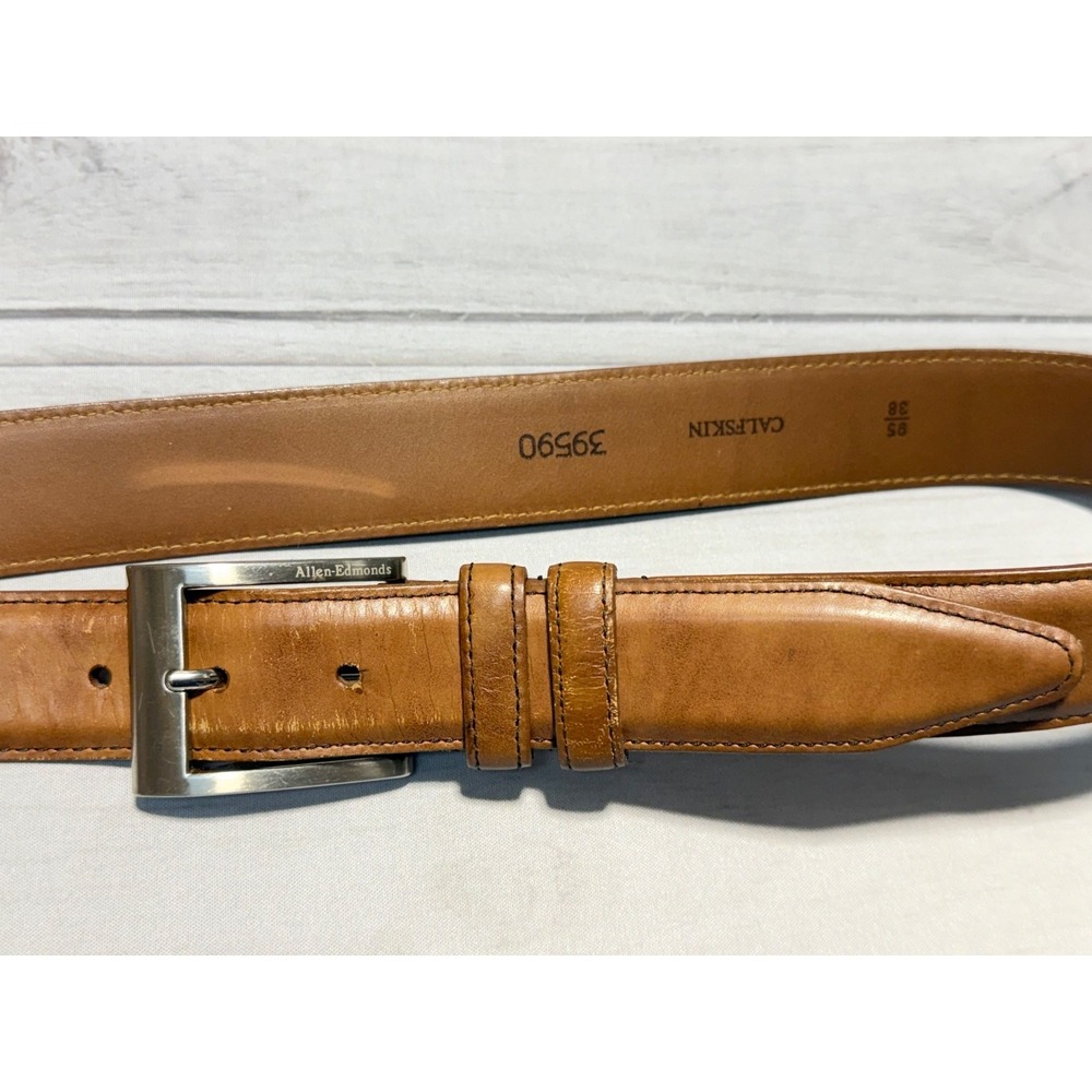 Allen Edmonds Dress Belt Mens 38 Tan Calfskin Leather Silver Buckle USA 39590